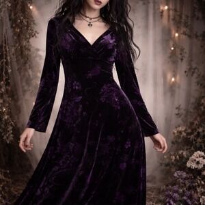 Vintage 90s Y2K Purple Velvet Floral Babydoll Maxi Dress 12 Fairy Grunge Goth